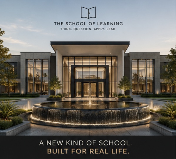 Conceptual architectural rendering of the School of Learning building: a modern stone and glass facade with a lit circular fountain at the entrance at dusk